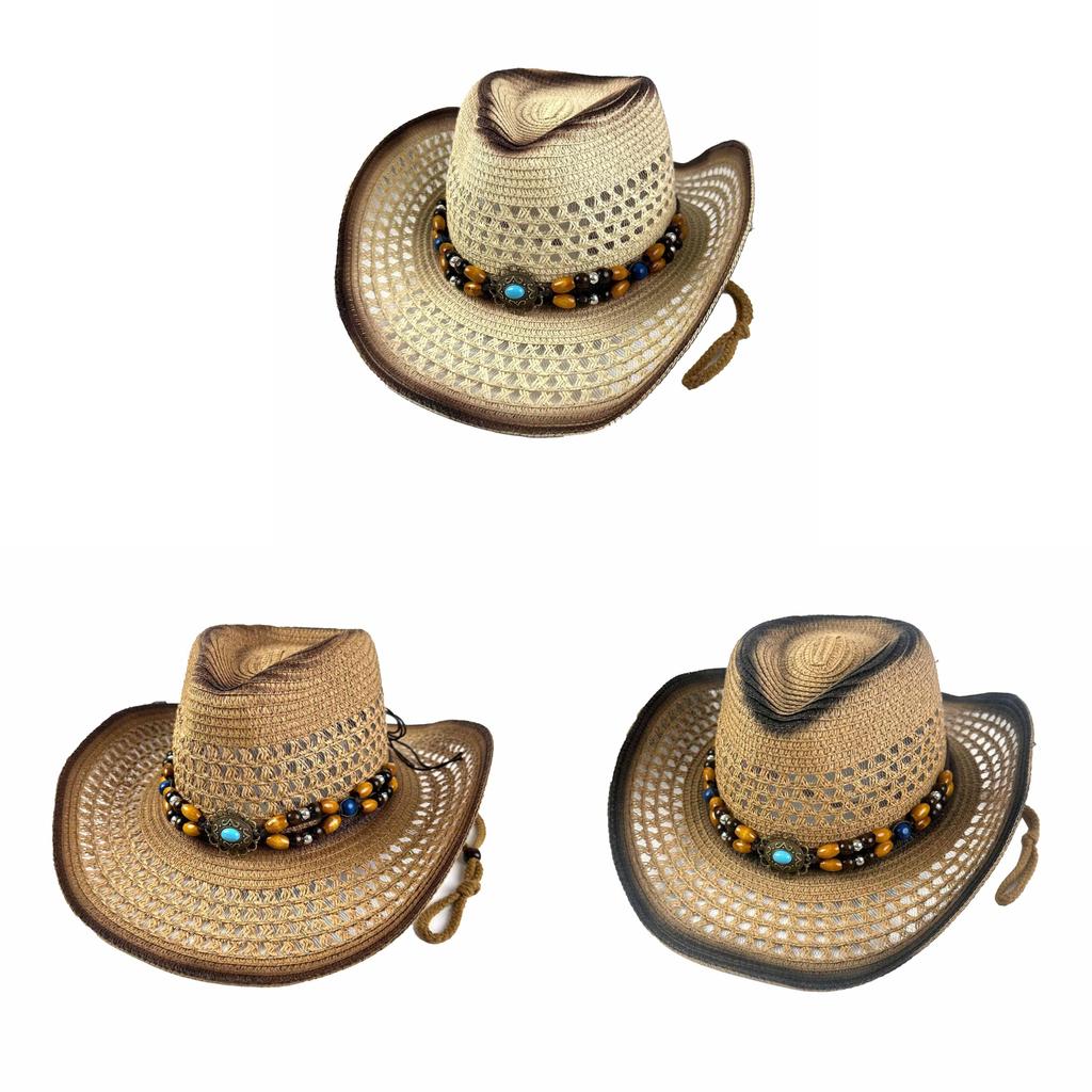 Western Cowgirl Straw Hat With Large Brim For Summer Outdoor Sun Protection