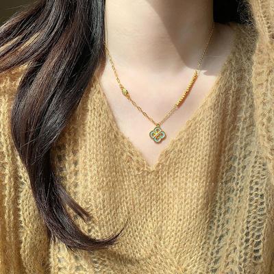 24k Dripping Oil Four-petal Flower Square Necklace Fashion High-end Collarbone Chain Niche Simple Necklace Women