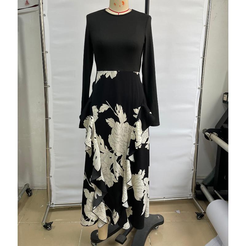 Rochie Casual Elegantă Slim cu Mâneci Lungi de Primăvară pentru Femei, Modă Toamnă, Imprimeu Îmbinat, Rochii Lungi Vintage pentru Femei, Talie Înaltă, Linie A, Rochie Sexy de Petrecere 25943