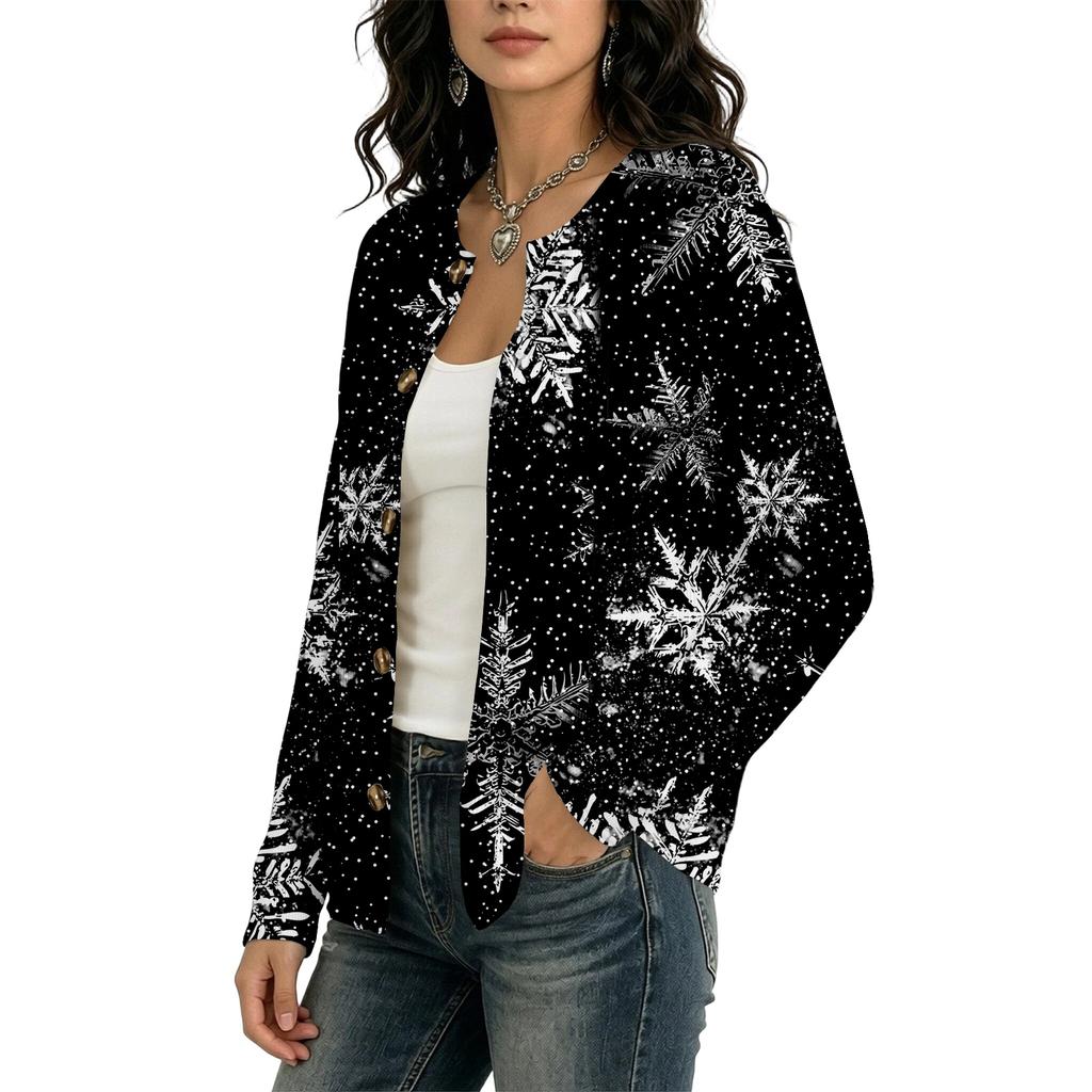 Women's Fashion Christmas Print Long Sleeve Cardigan - Holiday Open Front Knit Sweater for Winter Outfits