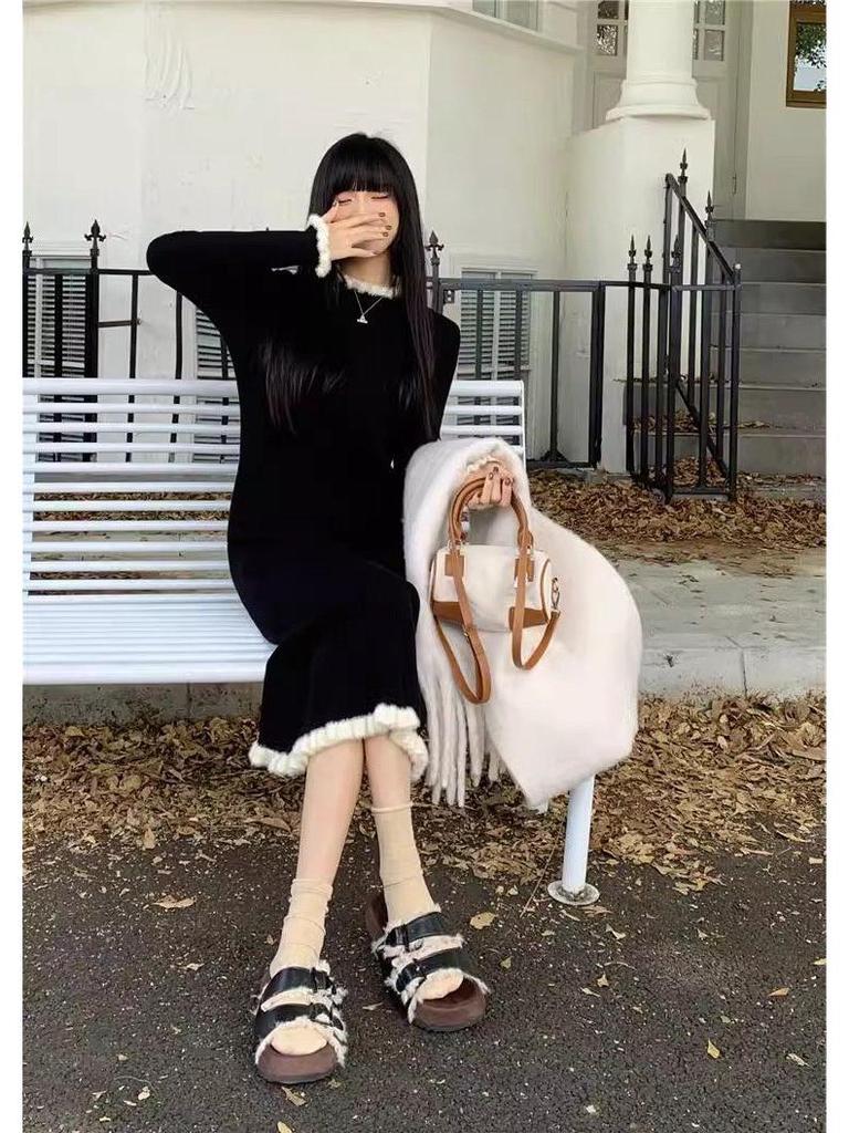 High-End Long Sleeve Knit Sweater Dress - Women's Mid-Length Casual Outerwear