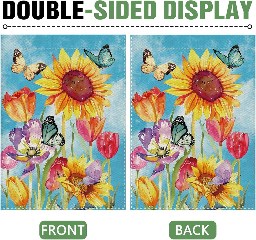 Dyrenson Spring Summer Sunflower Decorative Garden Flag, Watercolor Tulip Flower Butterfly Yard Outside Home Decoration, Flo
