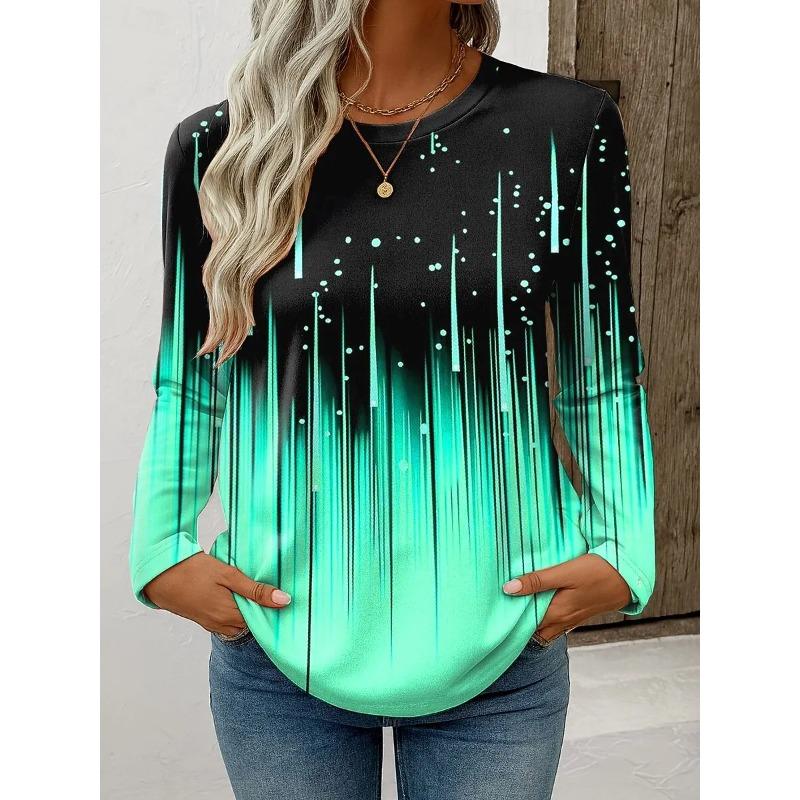 Spring and Autumn Round Neck 3D Gradient Colorful Printed Top Fashionable Casual Long Sleeved Women's T-shirts