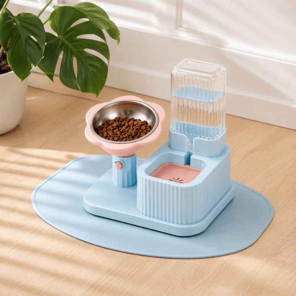 Adjustable Height Cat Water Food Bowl 2-in-1 Large Capacity Pet Bowl Neck Protection Non-Slip Automatic Water Dispenser