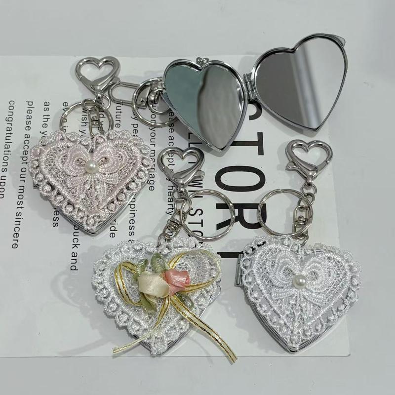 Sweet Lace Love Bow Folding Mirror Keychain Y2K Trendy Metal Keyring Car Key Holder Bag Pendant Decoration For Girl Gifts
