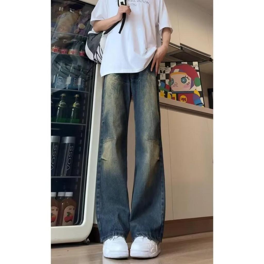 American street washed old jeans men's spring and autumn straight loose European and American high street vibe style long pants