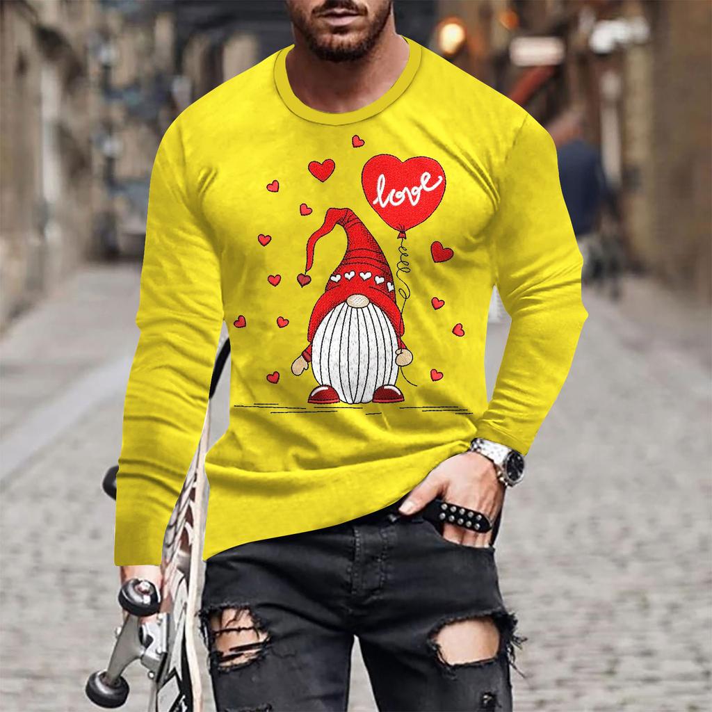 Spring and Autumn Round Neck 3D Love Printed Top Valentine's Day Themed T-shirts Fashionable Casual Long Sleeved Men's T-shirts