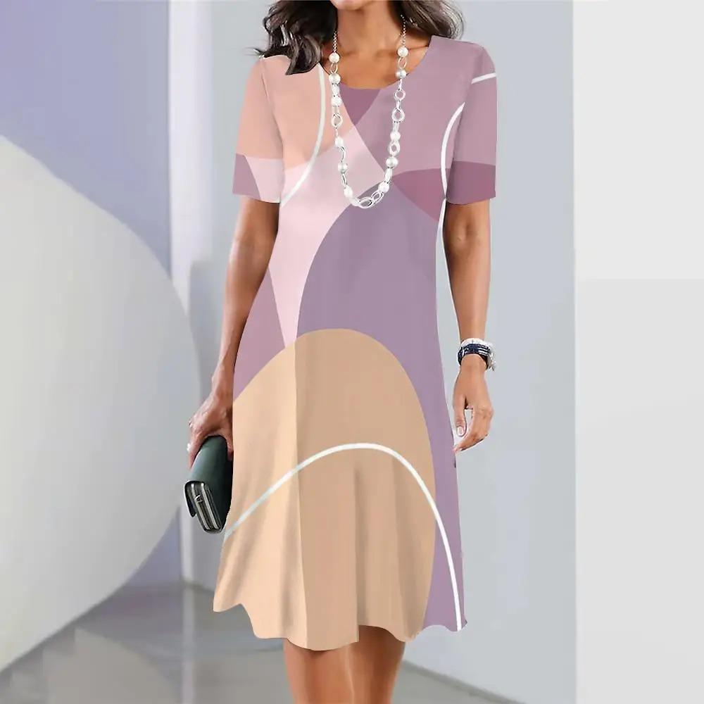 New Geometric Curve Graphic Print Women's Dresses Elegant Loose Short Sleeve O-Neck Summer Dresses Female Fashion Sundress