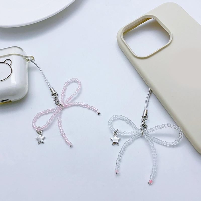 Beaded Bowknot Star Hanging Pendant Sweet Phone Strap Bag Decoration Portable Hanging Lanyard Gift for Girls Women