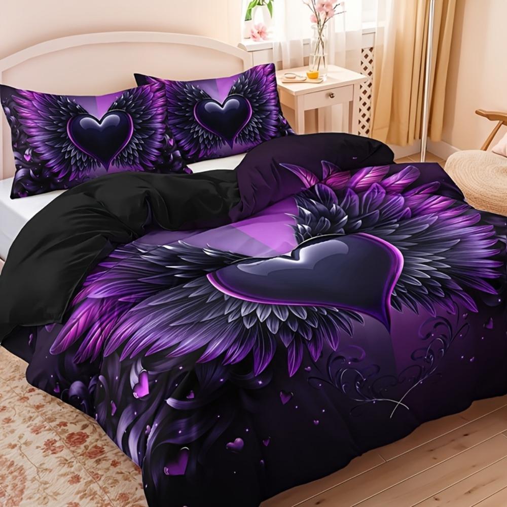 3pcs Black Purple Beding Set Love Heart Wing Print Cozy Soft Duvet Cover Set King Quen Twin Single Sized Dimensions Birthday Gift Bedrom Decor