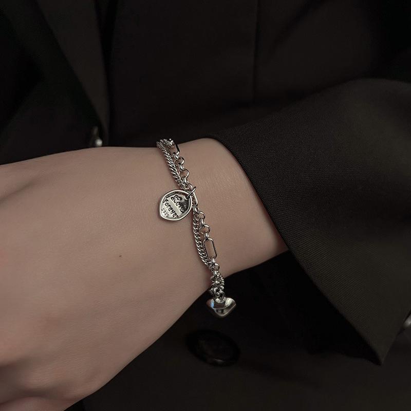 925 Silver Plated Heart Double Layer Bracelet - Hip Hop Street Style Punk Jewelry for Women