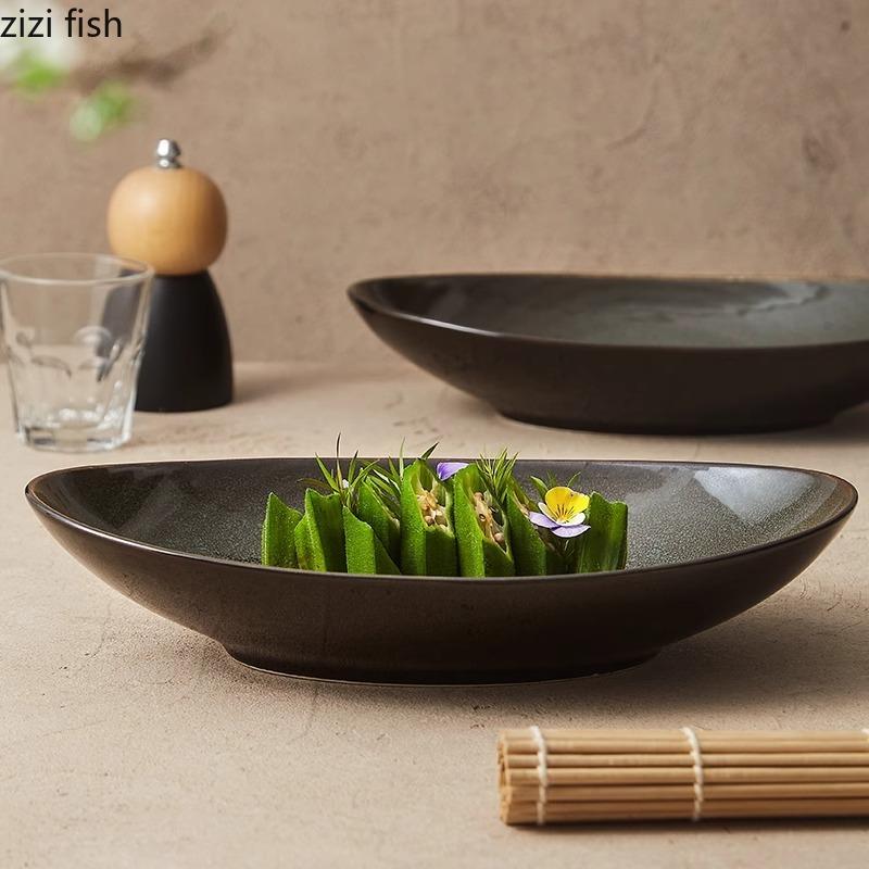 Olive Green Oval Fish Plate Kiln Changes Deep Plate Thick Soup Plate Sashimi Plates Service Plates Hotel Creative Tableware