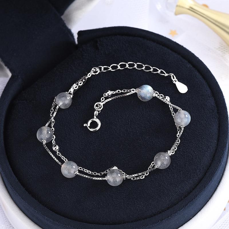 

Двухслойный браслет из стерлингового серебра 925 пробы с кристаллами лунного камня в корейском стиле, браслет с шариком из серого лунного света Adjustable size