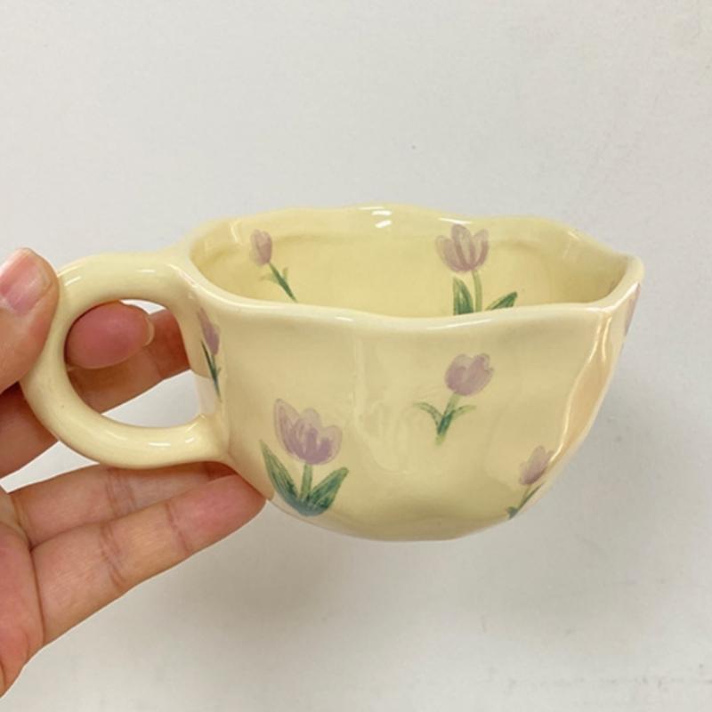

Керамические кружки с необычным цветком, кофейные, молочные, желтые, сжатые вручную чашки, симпатичные, в корейском стиле, овсяные, для завтрака, сока, черного чая, кавайные чашки 201-300ml