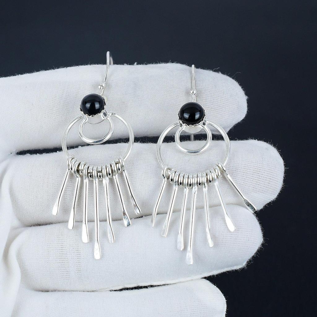 Natürlicher Schwarzer Onyx Edelstein Hakenohrringe 925 Sterlingsilber Ohrring, Handgefertigter Boho Silberschmuck Hängeohrringe, Geburtstagsgeschenk