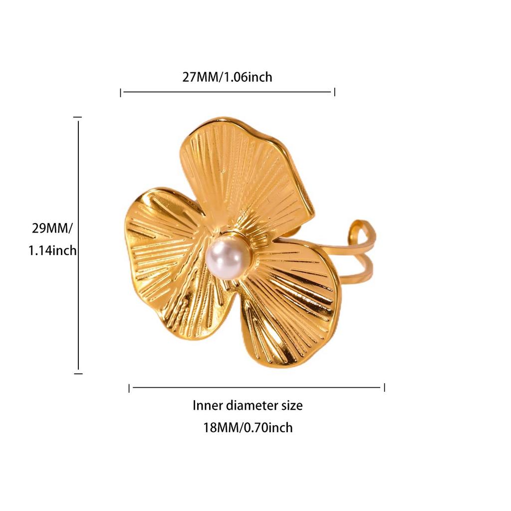 Stainless Steel Flower Ring for Women 18K Gold-plated Anti Fading Open Rings Wedding Imitation Pearl Jewelry Prom Accessories