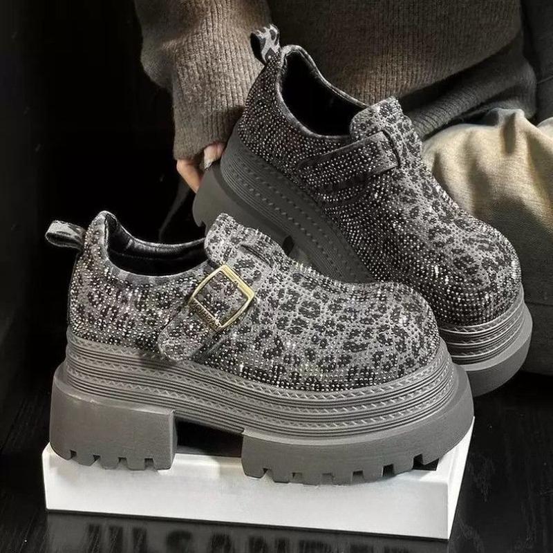 2025 Women's Platform Loafer Shoes Leopard Print Rhinestone Korean Style Spring and Autumn Thick Sole Height Increase Shoes
