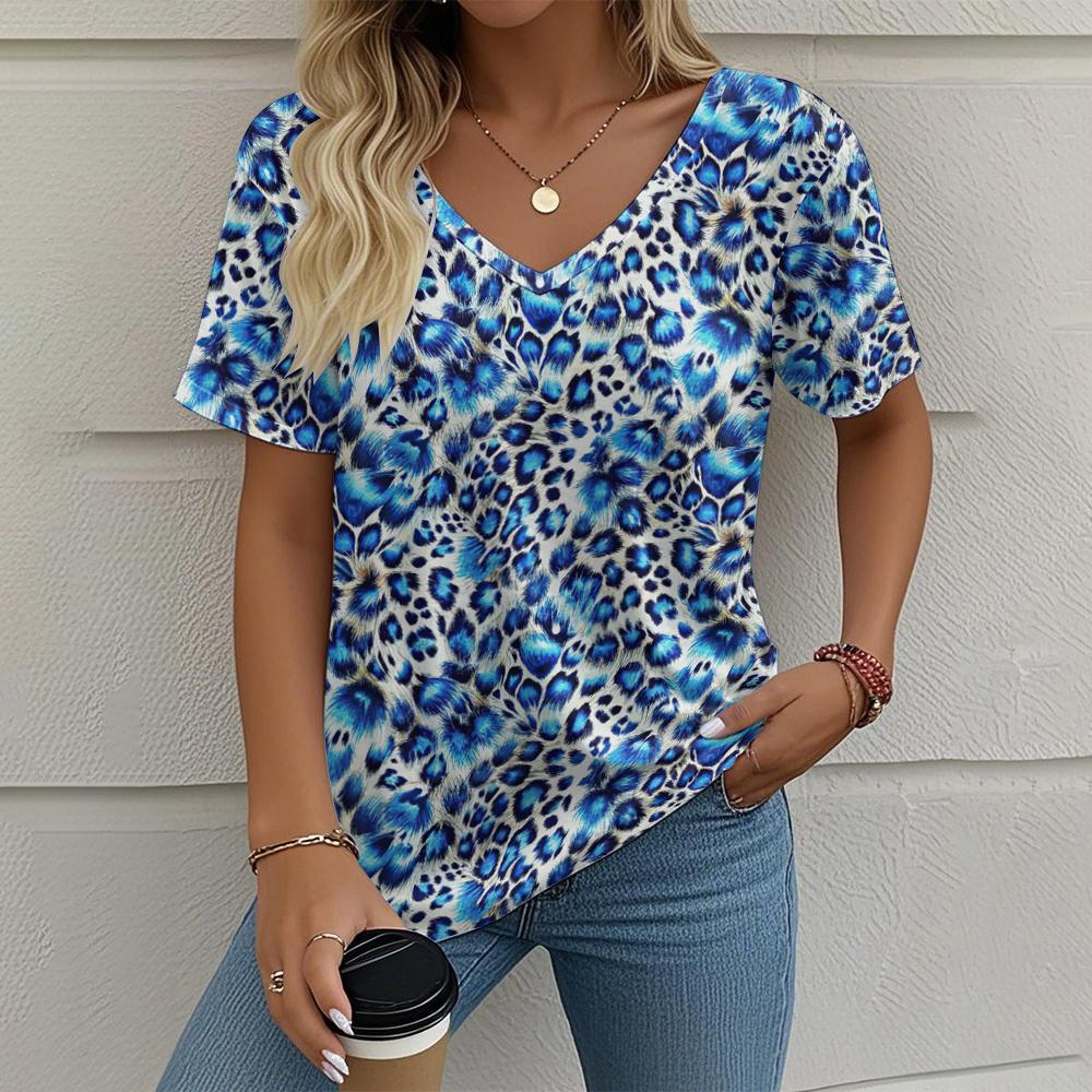 

Женская футболка с леопардовым принтом, повседневная, с принтом, летняя, в стиле ретро, уличная мода с V-образным вырезом и короткими рукавами XL