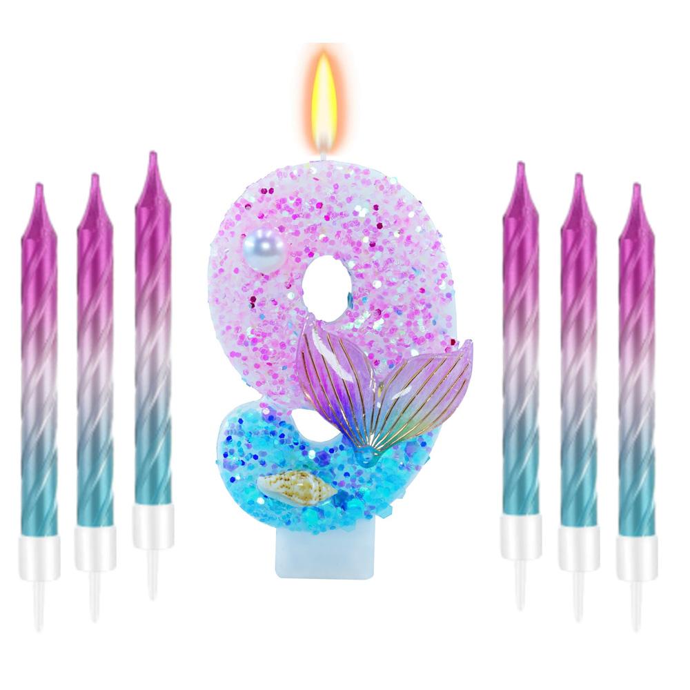 11pcs Mermaid Themed Birthday Candles,Number 0-9 Girls Glitter Birthday Party Supplies,Anniversary Party Decor, Cake Decorations