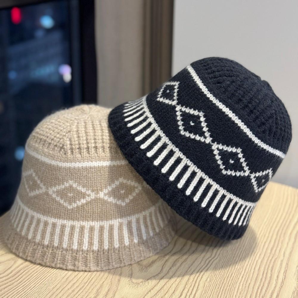 Retro Knitted Hat Warm Diamond Grid Pattern Bucket Hat Appearing Small In Size Big Head Circumference Ear Protection Hat