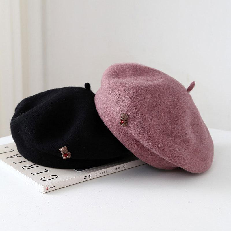Winter Hats Woman Wool Beret Cartoon Bear Retro Painter Cap Women Octagonal Beanie