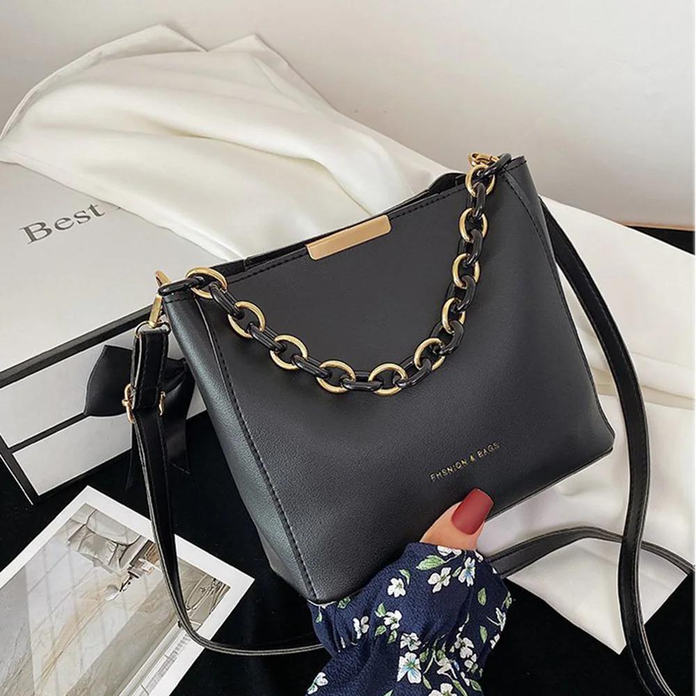 Umhängetasche aus Leder und PU mit Kettenriemen für Damen, Umhängetaschen für Damen, tragbare Beuteltasche, einfache Kuriertaschen