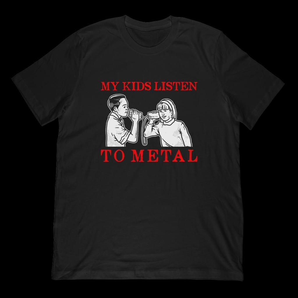 My Kids Listen To Metal T-Shirt | Death Metal Tin Can Phone Shirt & Original Funny Metal Mum Or Metal Dad Vintage Style Tin Can Phone Gift