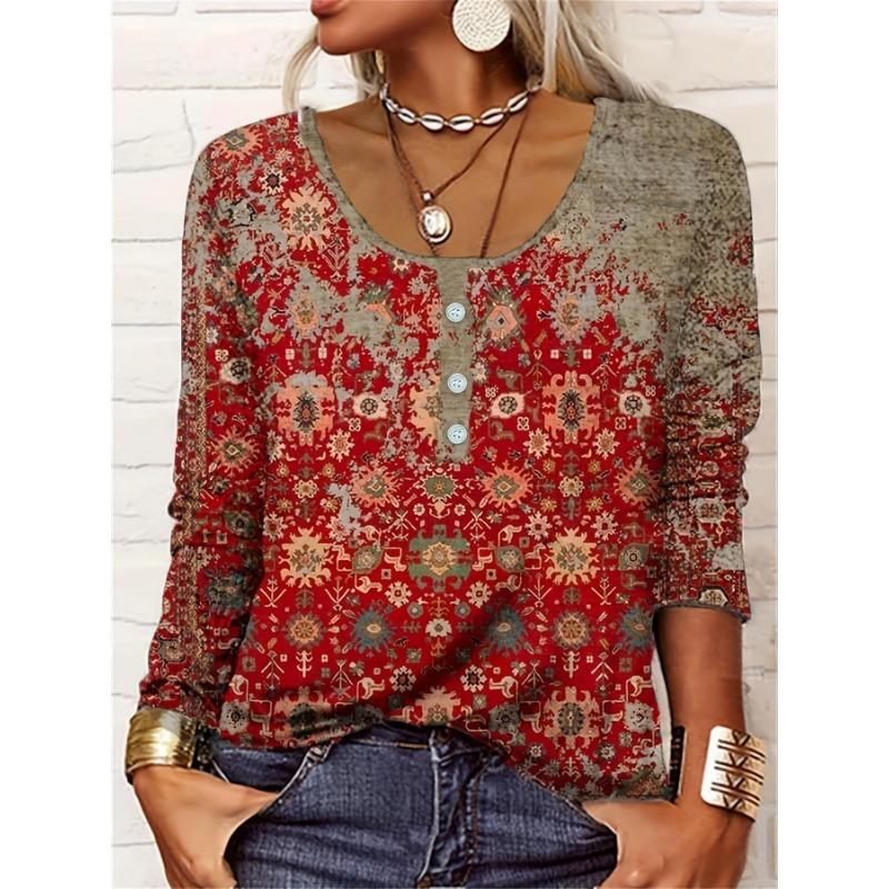 Women's V-neck Casual Ethnic Style Printed Button Up Oversized Women's T-shirt