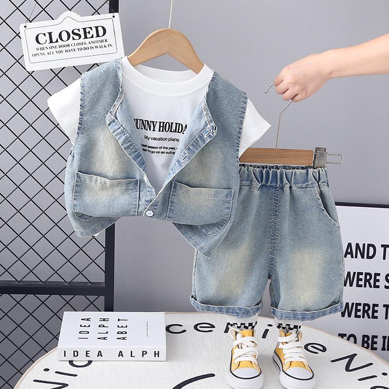 

Летний наряд Красивые мальчики Комплект с коротким рукавом Детский джинсовый жилет Повседневный комплект с футболкой 80cm синий