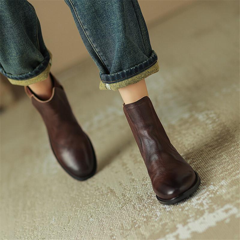 Modă Piele Naturală Cizme Scurte Toamnă/Iarnă Pantofi Femei Vârf Rotund Toc Gros Cizme pentru Femei Modă Retro Cizme Glezna Lucrate Manual