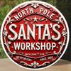 Santa Workshop Metal Tin Sign Vintage Christmas Wall Art North Pole Round Decor