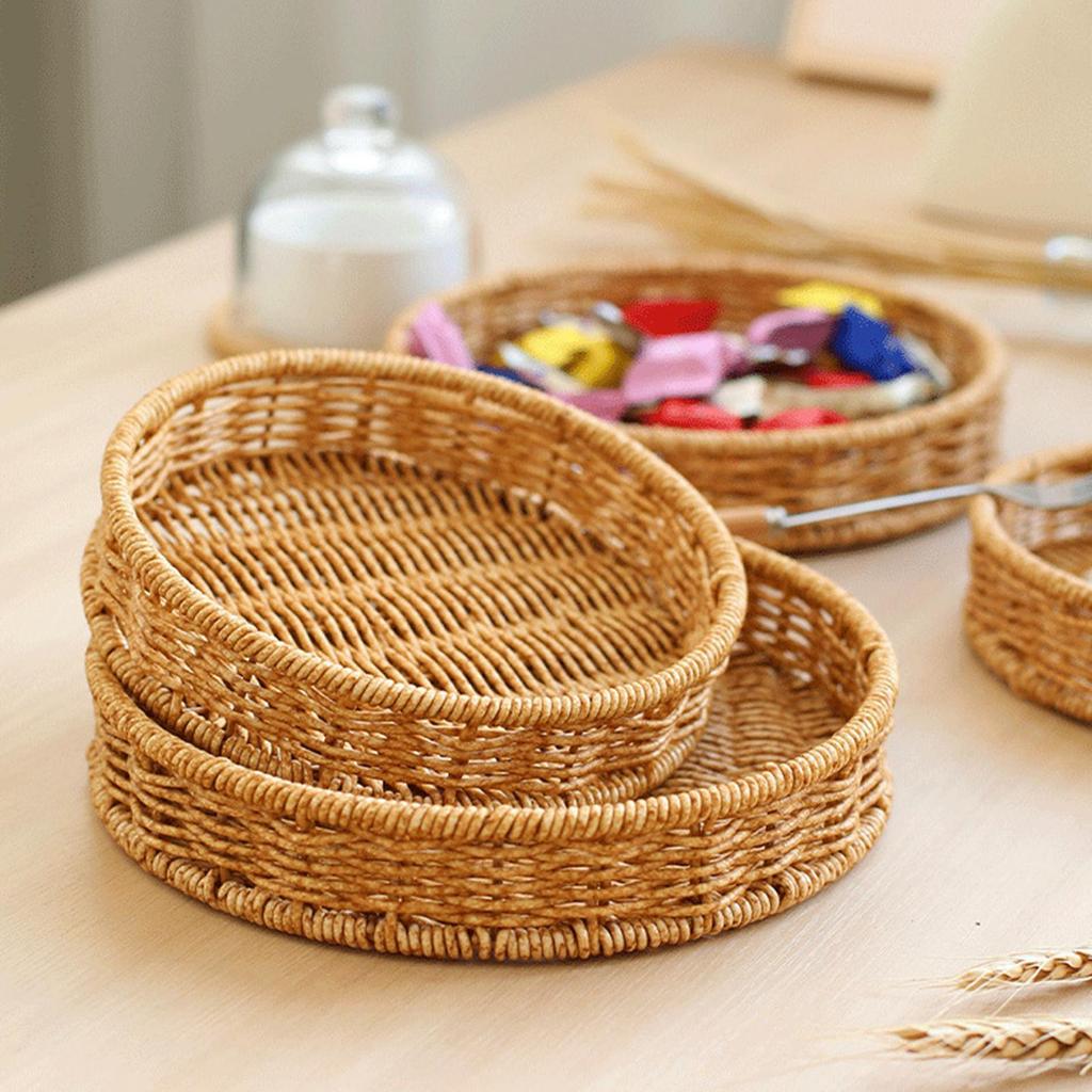 Mini Tray Plastic Hand Woven Basket Round Decorative Tray for Sweet Table Buffet Party Reception Use