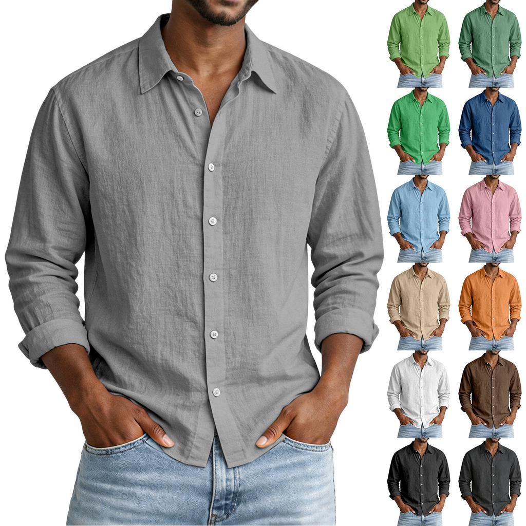 Men Long Sleeve Button Down Linen Shirt Classic Fit Lightweight Breathable Casual Shirt for Everyday Wear