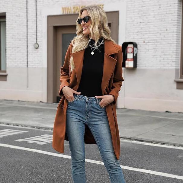 

Женское черное длинное тренчковое пальто Минималистичный элегантный наряд для повседневного шикарного стиля XXL коричневый