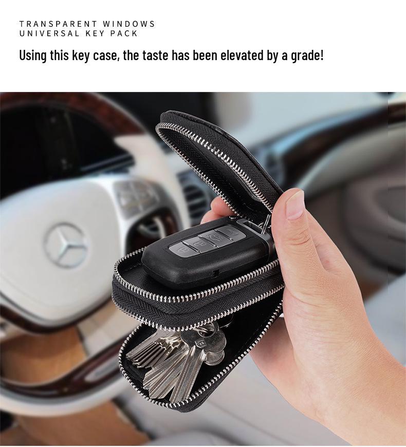 Echtes Leder Doppelschicht Schlüsseletui mit Litschi-Muster, Reißverschluss-Münzfach und Universal-Schlüsselring