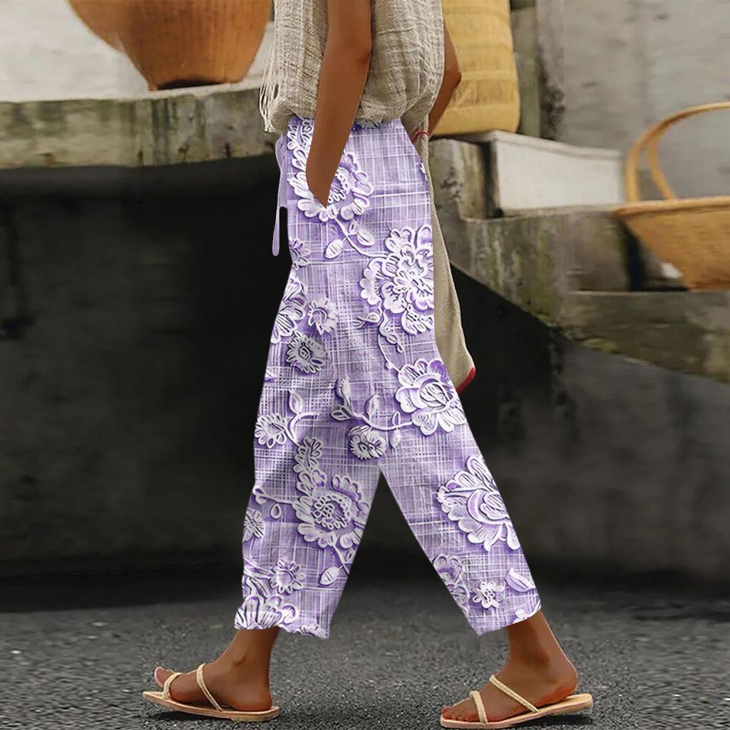 Damen Modische Hose mit Blumenmuster, Kordelzugtaschen und elastischem Bund für Freizeit