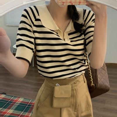 Lazy Wind Striped V-neck Pullover Women's Summer Hundred Loose Short-sleeved Knit Shirt Tops Casual Essential Comfort Style Slim Fit Pullovers Tees