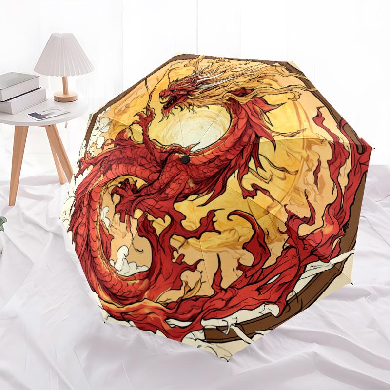 Golden Dragon  Pattern, Automatic Folding Umbrella, Portable and Foldable Design, 8 Ribs, a Christmas or Birthday Gift.