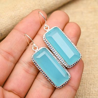 Blue Chalcedony Gemstone Handmade 925 Sterling Silver Jewelry Earrings For Her