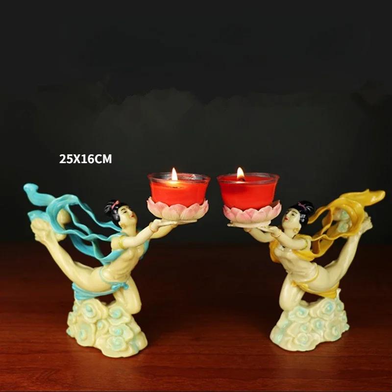 1 Pair Resin Dunhuang Fairy Lamp Holders Chinese Lotus Buddha Front Lamp Holder Offering Feng Shui Ornaments Candlestick Holder