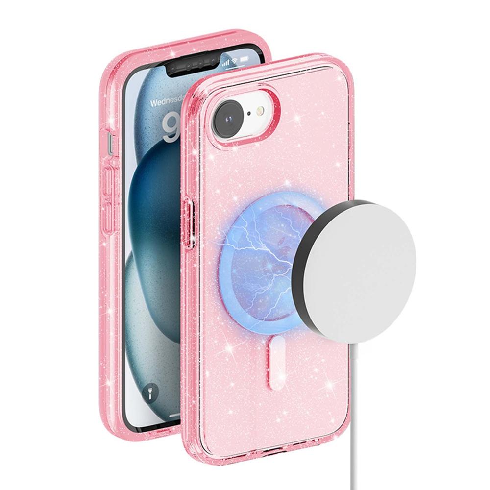 

For iPhone 16e Magnetic Case Support Wireless Charging Glitter Powder PC+TPU Phone Cover Pink