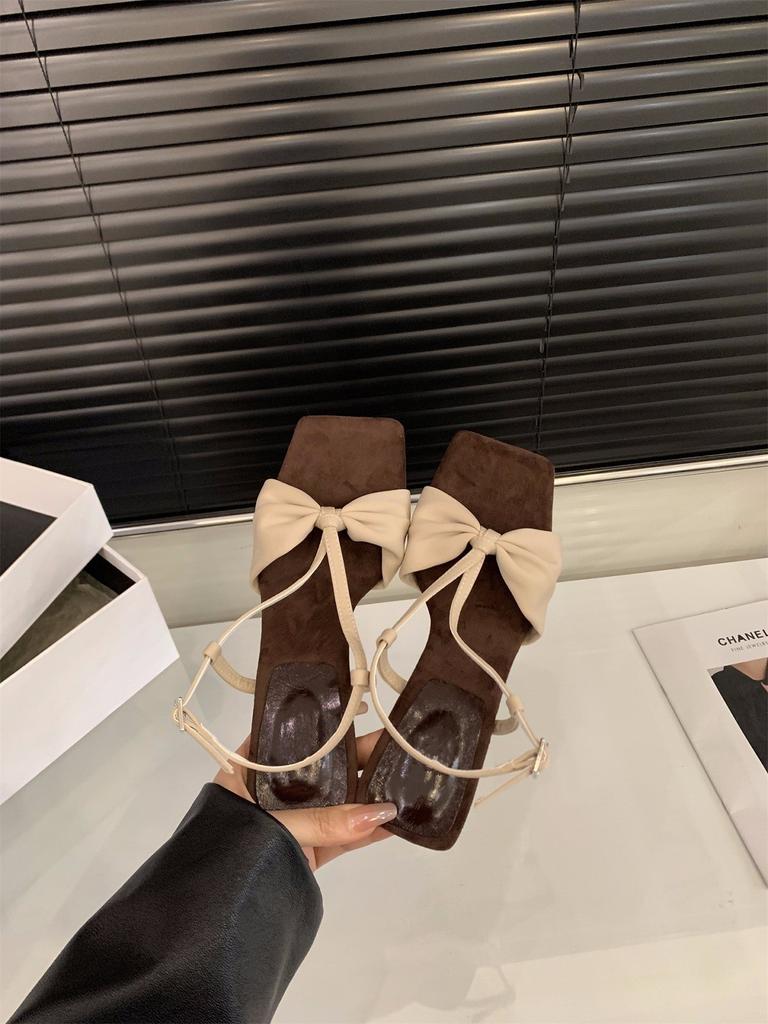 Leopard Print High Heels Bow Word with Sandals Women's Shoes 2025 Summer French with Skirt Thin Strap Roman Shoes