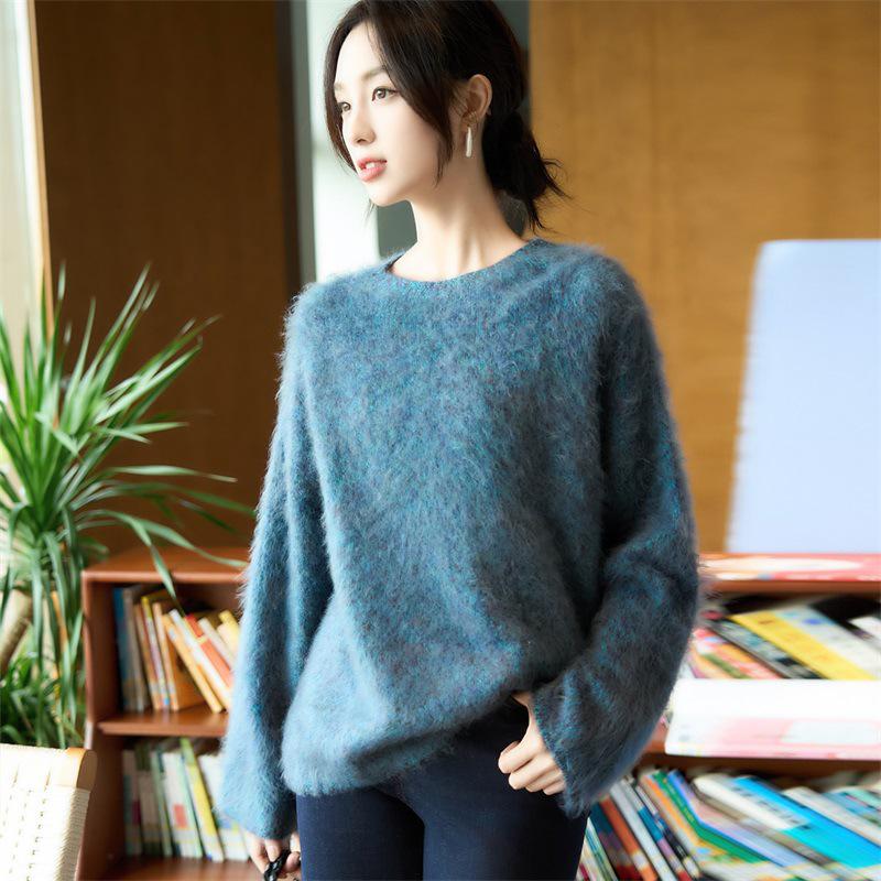 Premium French Wool Long-Haired Plush Round Neck Sweater for Women - Cozy Autumn/Winter Casual Style.