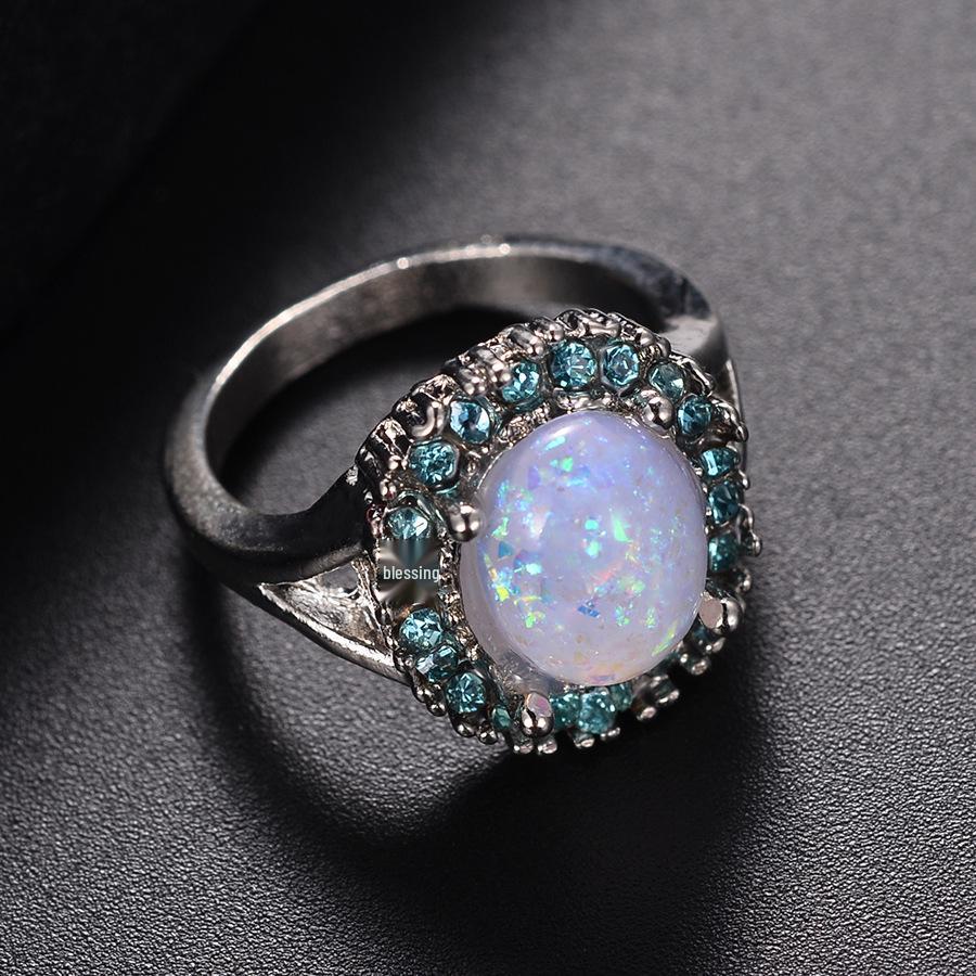 European and American Fashion Rhinestone Blue Oval Opal Ring