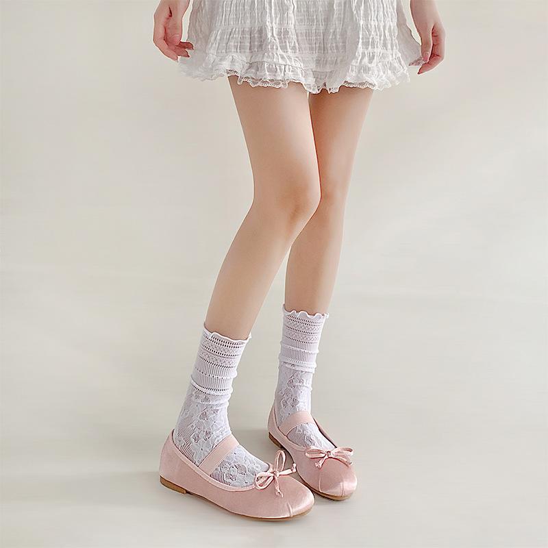 Black Fungus Lace Pile Socks for Women, Summer Hollowed-out Mid-calf Socks, Sweet Lace Lolita Red Lace Thigh-high Socks