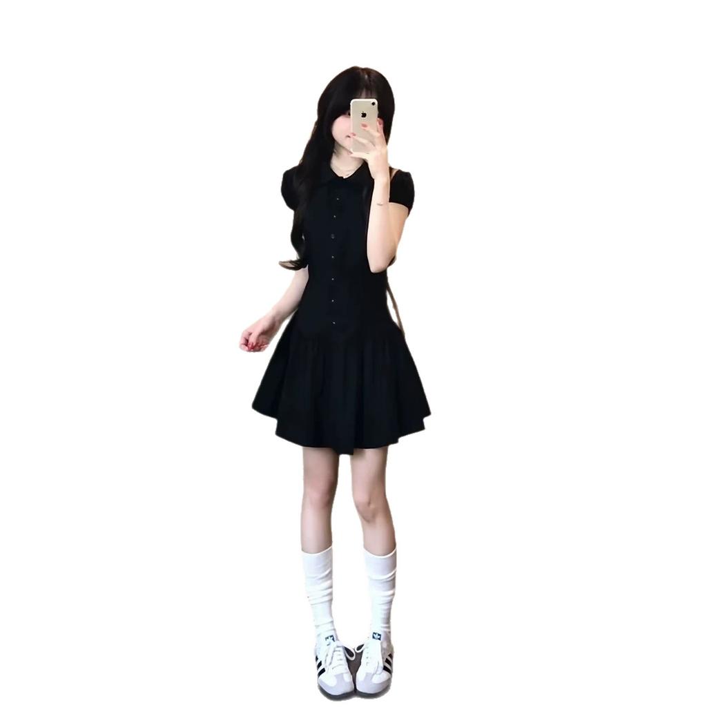 Retro Doll Collar Black Vertical Striped Dress Women's Summer New Short-sleeved Slim-fitting Student Slim Short Skirt Burst