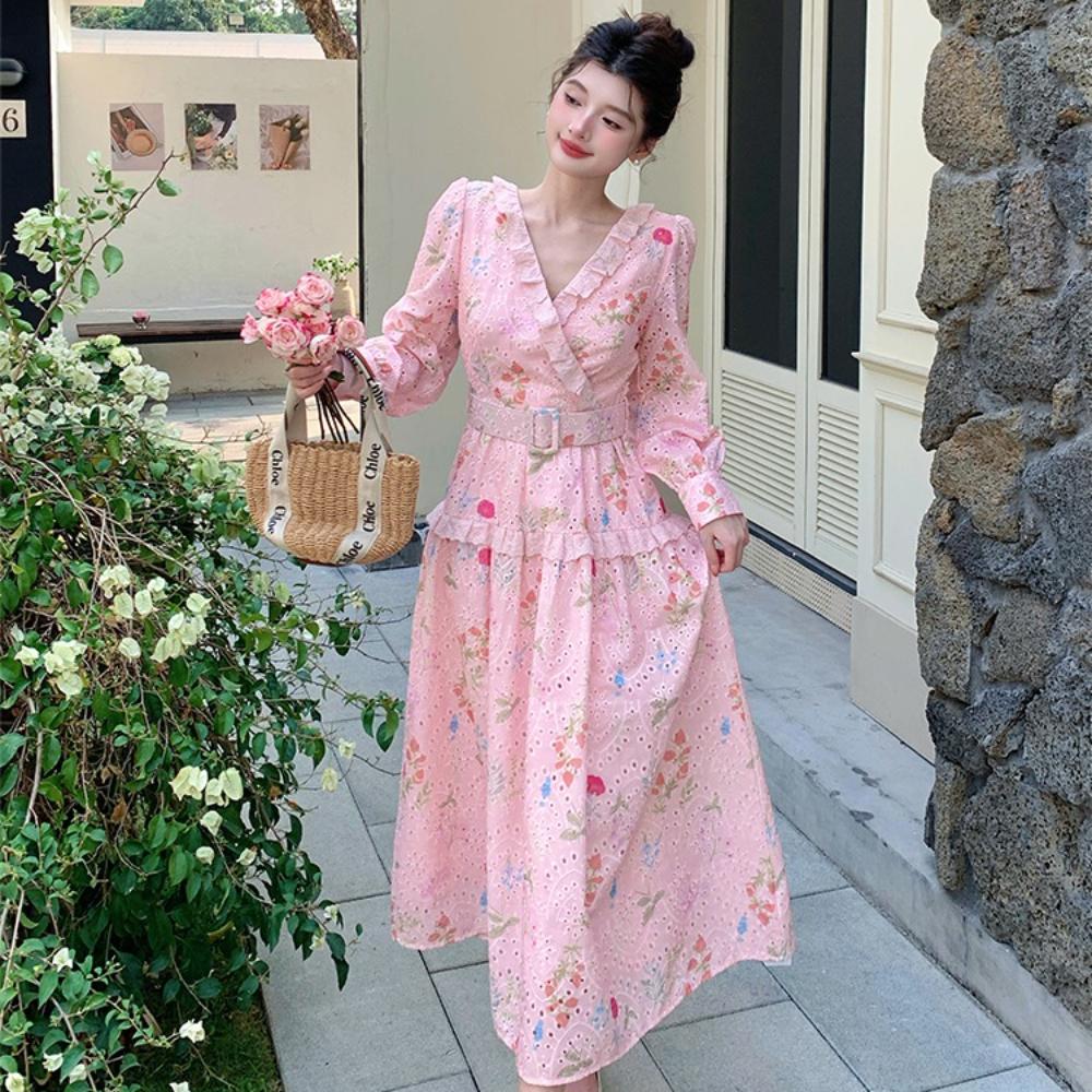 Spring Holiday Crochet Lace Embroidery Hollow Out Floral Print Party Dress Women's Long Sleeve Pearl Buttons Up Belt Clothing