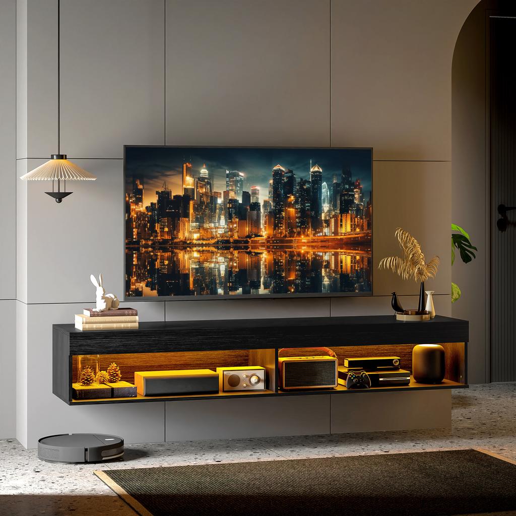 Wall-Mounted TV Cabinet up to 75" with 16-Colour LED Lights and Remote Control, 180x40x30cm, Black