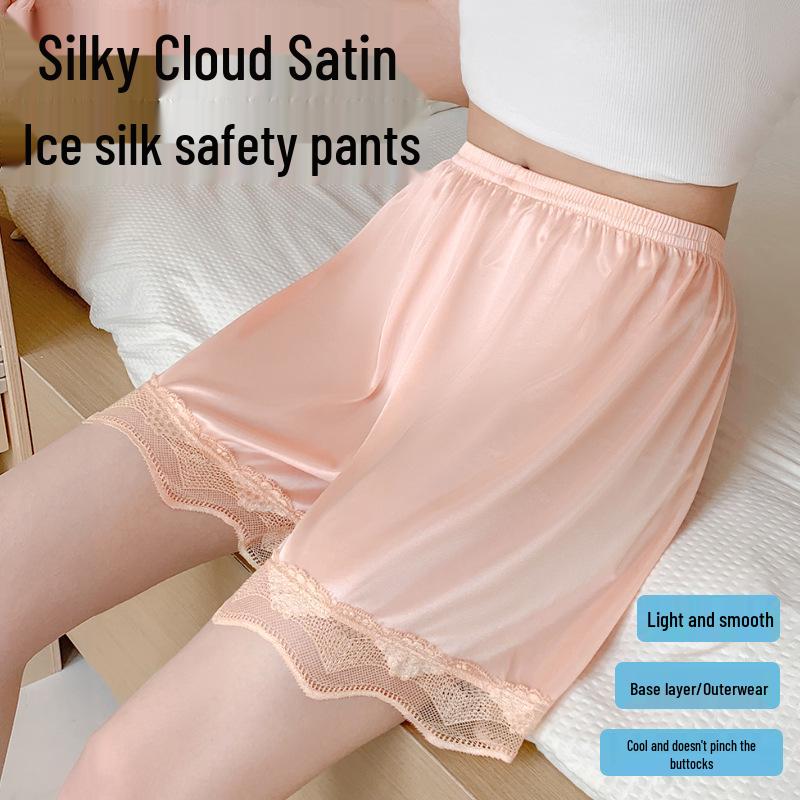 Women’s Lace Anti-Exposure Ice Silk Shorts: Non-Roll, Breathable, Home & Outdoor Wear, Perfect for Summer & Safe Sleep.