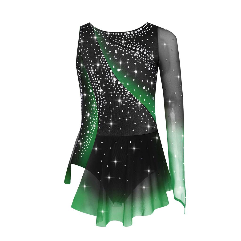 Girls Modern Lyrical Dance Dress High-Low Tulle Split Rhinestone Ballet Gymnastics Leotards Figure Skating Performance Costume